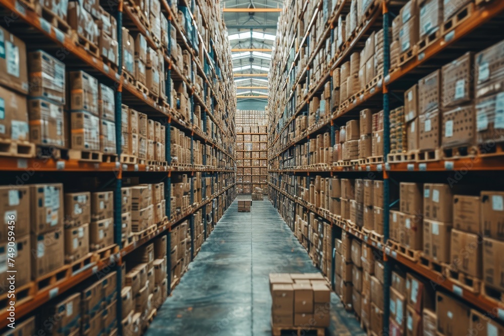 Aufkleber an expansive view of a modern warehouse filled with rows of neatly stacked boxes and goods ready for