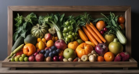  A bounty of fresh produce in a rustic wooden crate