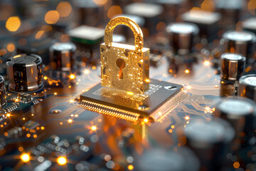 Semiconductors, circuit boards, and CPUs that are protected against confidential data leaks. Golden hologram padlock. Sensitive information protection, industrial espionage and cyber security concept.