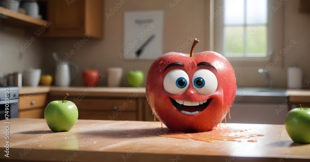 Leinwandbilder a mischievous apple character is splattered with juice, creating a humorous and dynamic scene on a w