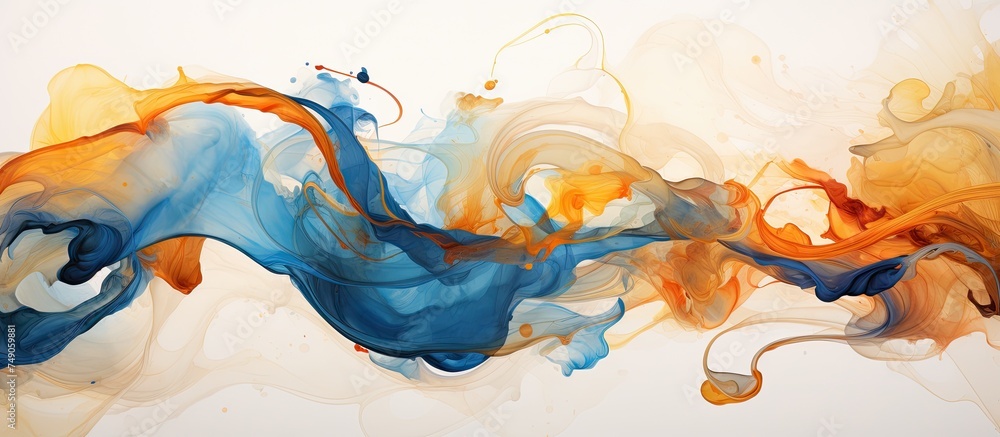 Poster this abstract painting features swirling patterns of blue and orange smoke blending into each other,