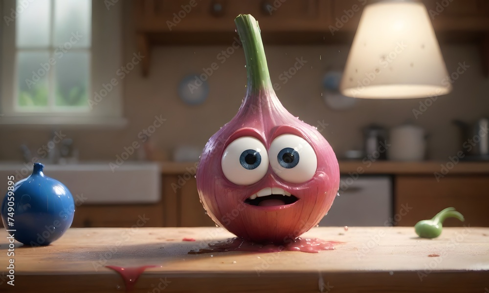 Poster a cheerful onion character with a big smile sits on a kitchen counter, bringing a playful twist to t