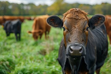 Captivating image of a solitary brown cow staring at the camera with a herd behind, representing rural life