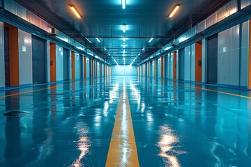 The image showcases a long, brightly lit corridor with reflective flooring, suggesting a futuristic...