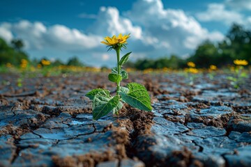 A single sunflower stands resilient among a cracked earth landscape under a blue sky, symbolizing hope and growth - Powered by Adobe
