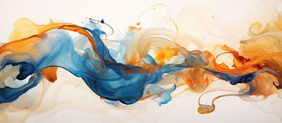 This abstract painting features swirling patterns of blue and orange smoke blending into each other, accented with hints of gold and white. The colors create a dynamic and energetic visual effect.