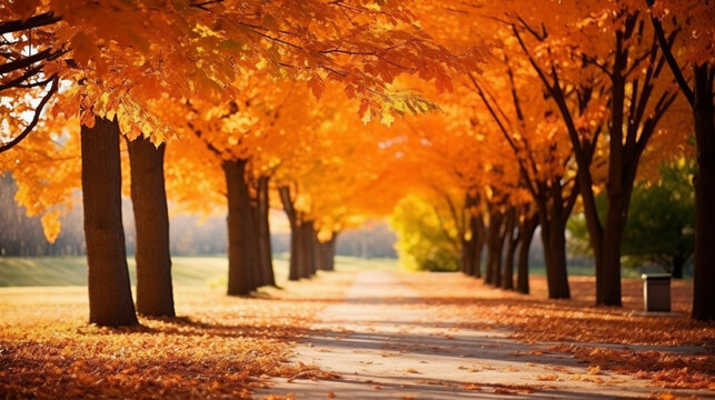 orange fall leaves in park, sunny autumn natural background . Generative Ai