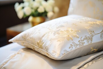 Close-up of soft and silky white satin fabric with floral pattern and golden embroidery, cushion cover texture background to elevate your home decor with luxury and elegance