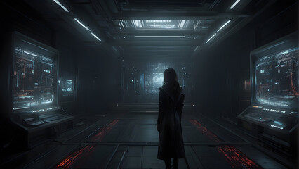 A mysterious woman in silhouette stares down a sci-fi corridor, invoking thoughts of discovery and the unknown in a futuristic setting