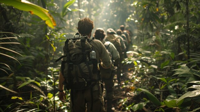 A group of adventurers navigate a dense jungle hacking through thick foliage and battling against the elements as they strive to conquer the untouched wilderness and claim