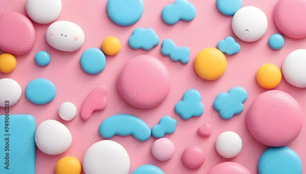 Poster soft pastel tones form an abstract cloudscape, where circular shapes and fluid lines create a sense 