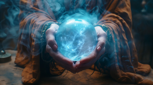 Witch or fortune teller hands holding crystal ball with fog or smoke inside. Halloween, magic or witchcraft concept.