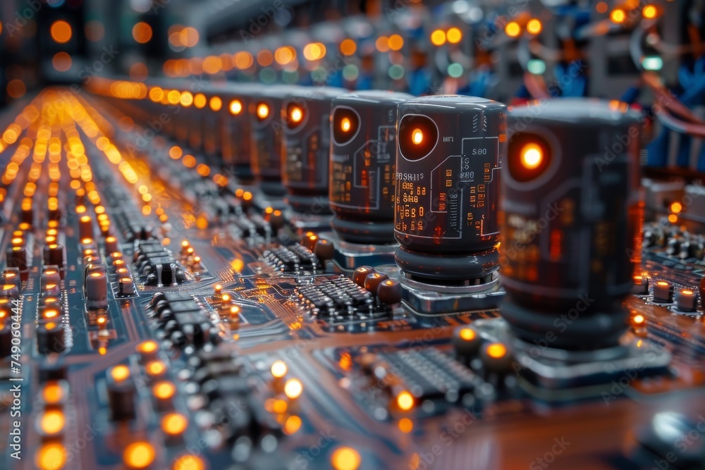 Poster macro shot of a lit circuit board highlighting the intricate details of electronic components and co