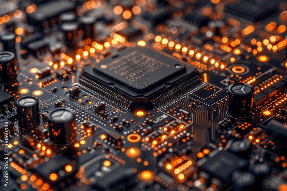 Poster macro image of a motherboard showcasing the chip's texture and technological aesthetics