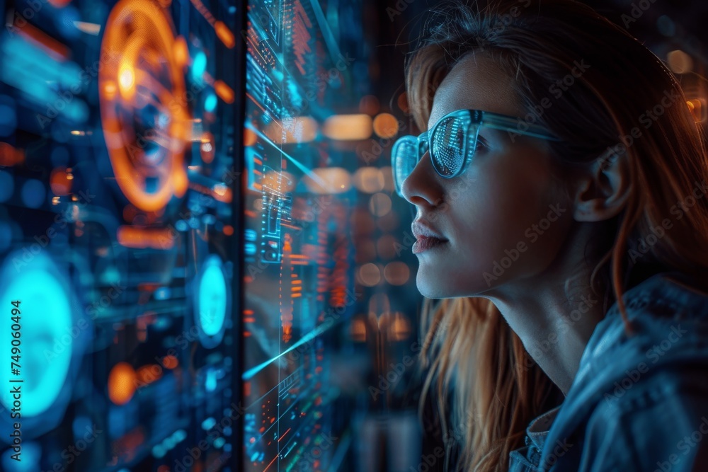 Poster a female tech professional observes glowing blue server racks, symbolizing data processing and netwo