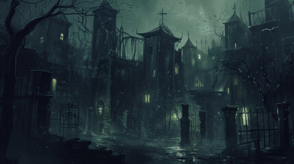 A sprawling city of the undead, structures rise from the ground like grotesque . Generative Ai