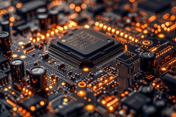 Macro image of a motherboard showcasing the chip's texture and technological aesthetics