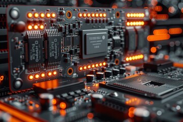 Fototapeta premium Detailed image of a motherboard's complex circuits with glowing orange lights, symbolizing modern technology