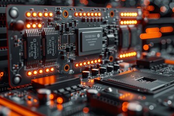 Detailed image of a motherboard's complex circuits with glowing orange lights, symbolizing modern technology