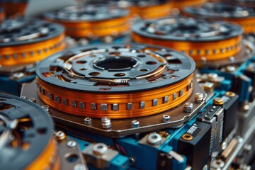 Macro photography of precision-engineered parts of a hard drive motor, highlighting intricate manufacturing - Powered by Adobe