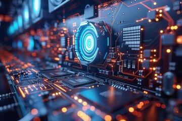 A detailed close-up of a futuristic blue circuit board with a glowing central processor, representing advances in technology