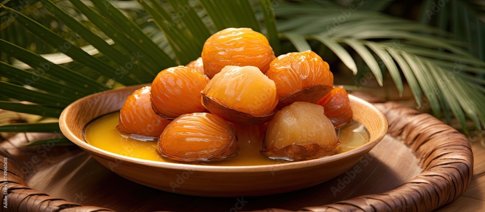 Canvas Prints A bowl of fresh oranges is placed on top of a wooden table. The vibrant oranges contrast with the natural wood of the table, creating a visually appealing display of fruit.