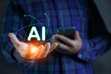 Ai technology analysis concept, hand point to AI icon network. AI technology is important in developing the world. Data analysis using artificial intelligence is essential. AI big data analysis.