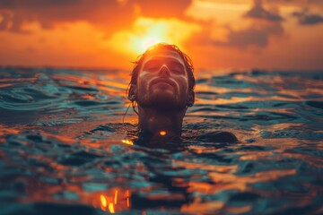 Surreal image of a person swimming in the sea during a stunning sunset, head obscured