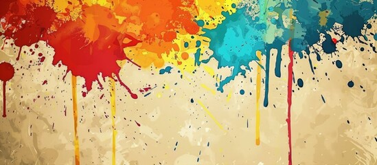 A close-up view of a textured surface with a vibrant mix of multicolored paint splatters and splashes. The background is filled with a variety of colors, creating a dynamic and lively visual display.