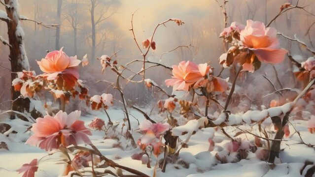 Pink Flowers in the Snow Painting