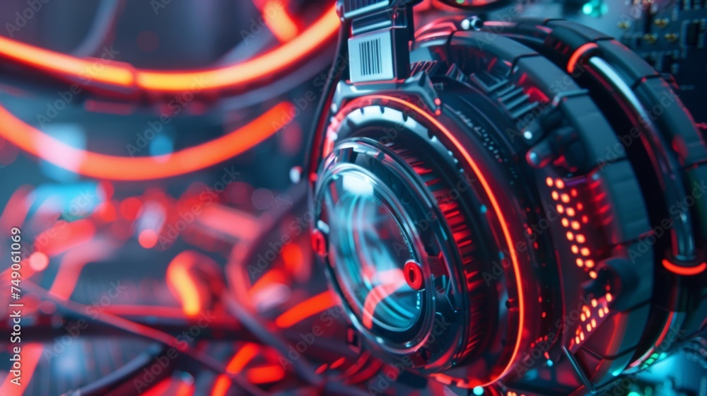 Poster a closeup of a players headset which uses tingedge technology to transport them into the virtual wor