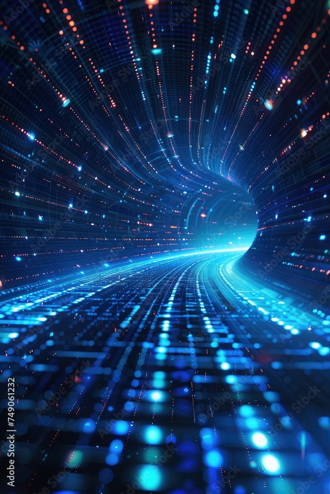 Wall mural blue digital tunnel with glowing lights