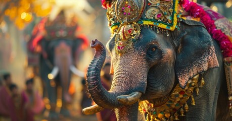A elephant with a brightly colored ceremonial headdress and harness showcasing the wealth and power of its rider.