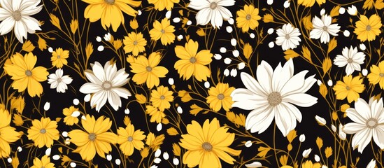 A modern, simple drawing of yellow and white daisy flowers on a black background. This floral texture is part of a collection for textile and fashion design, perfect for a spring botanical print.