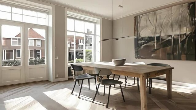 Dining room in modern house with white walls, wooden floor and white table with chairs.