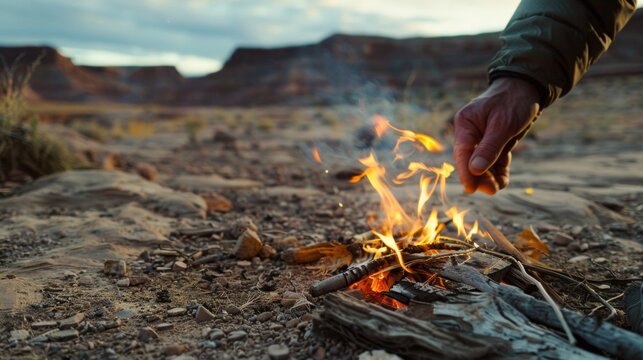 A closeup of a hand expertly starting a campfire using only natural materials. The rugged landscape in the background serves as a reminder that basic survival skills are essential