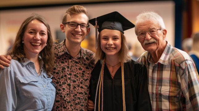 Aunts uncles and grandparents pose alongside their graduate family member beaming with pride and joy in front of a graduation backdrop.