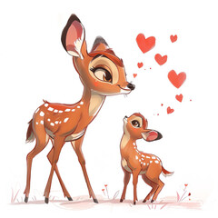 Watercolor cute baby and mother bambi on white background