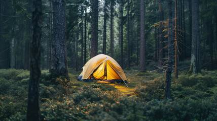 Illuminated tent in a mystical forest at dusk