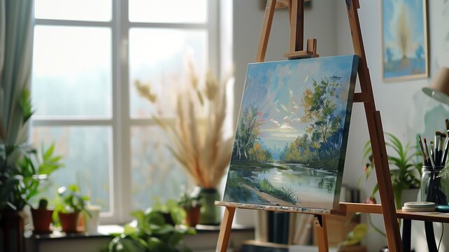 Serene art studio with a landscape painting on an easel by the window