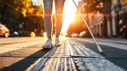 Silhouette of a person with a white cane crossing an urban street