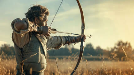 Archer in historical attire aiming bow and arrow in a field