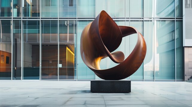 An abstract wooden sculpture set against the modern backdrop of a glass-covered urban building