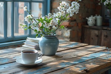 A cup of tea on a rustic wooden table accompanied by fresh white blossoms in a vase signifies a peaceful break