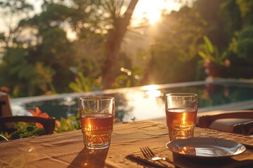 Relaxed evening by the pool with two whiskey glasses reflecting the warm sunset