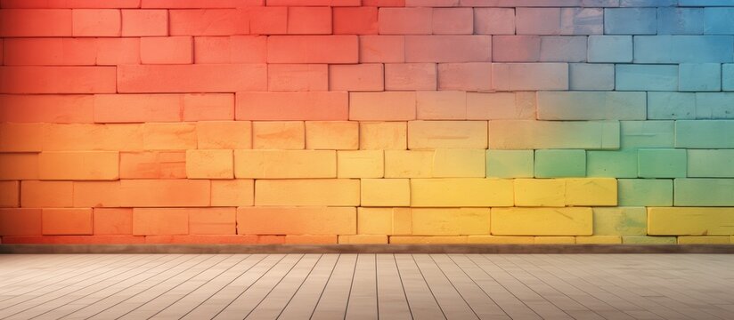 A sturdy brick wall with a vibrant rainbow mural painted on its surface, contrasting against the colorful concrete ground. The rainbow stands out boldly against the neutral brick, adding a playful and