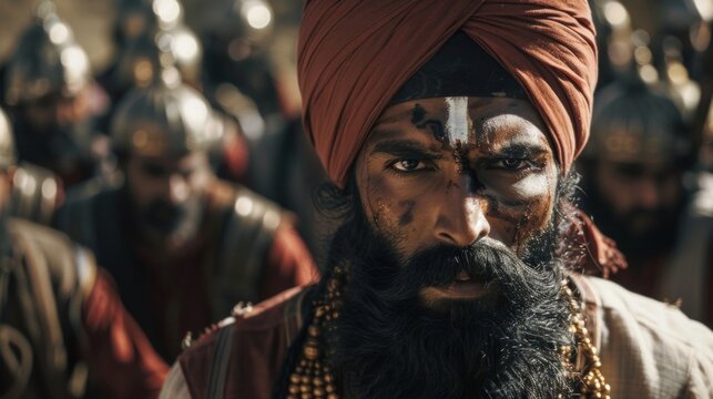 Standing at the gates of an enemy fortress a group of Sikh warriors prepare to breach the walls. Their expressions are focused and determined ready to overcome any obstacles
