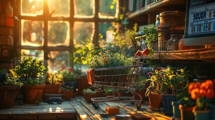 A sunlit indoor garden scene with a shopping cart filled with herbs and plants, suggesting themes of gardening, springtime, or Earth Day.
