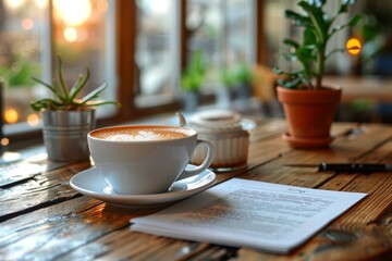 Fototapeta premium A beautifully crafted latte sits on a wooden table with open documents, suggesting a relaxing work break