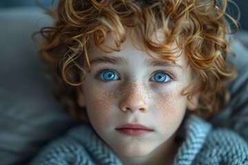 Close-up shot capturing the intense gaze of a curly-haired boy with freckles and deep blue eyes